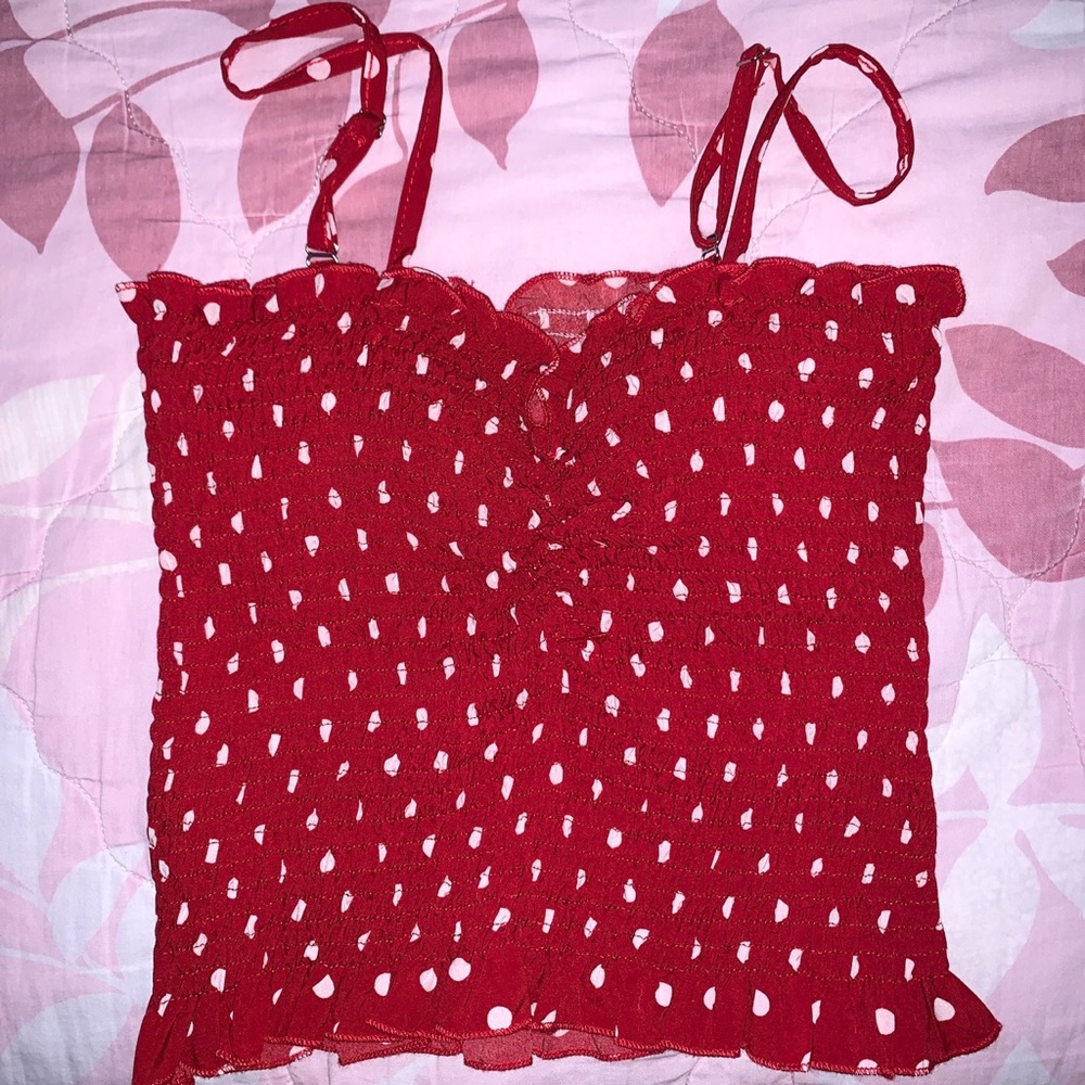 Chuu red polka dot string crop top